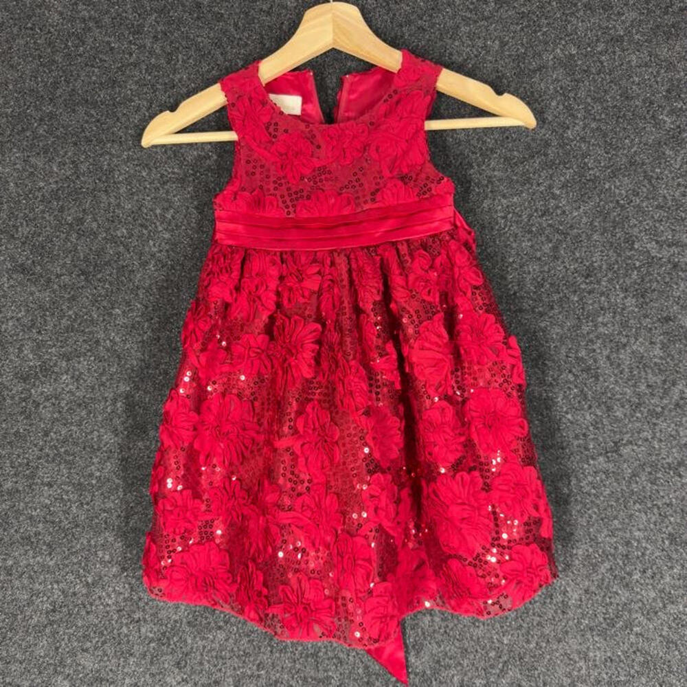 American Princess Dress Girls 4T Red Floral Shift Midi Zipper Belted Sleeveless